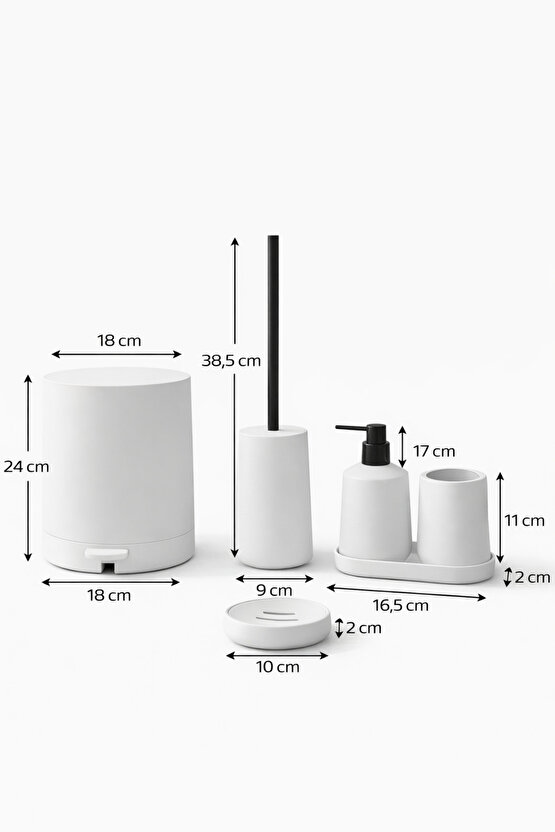 Mat Beyaz 5 Parça Yuvarlak Banyo Seti – Kovası, Tuvalet Fırçası, Sıvı Sabunluk