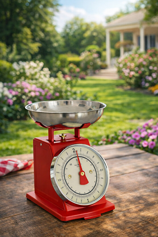 Vintage Tasarım Analog Mutfak Terazisi 5 kg Kapasiteli Pirinç Kaseli Kırmızı