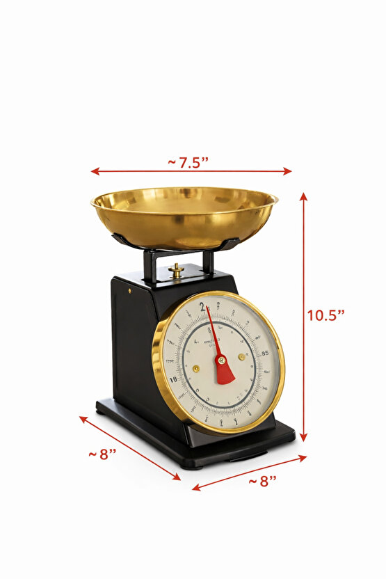 Vintage Tasarım Analog Mutfak Terazisi 5 kg Kapasiteli Pirinç Kaseli Siyah Gold