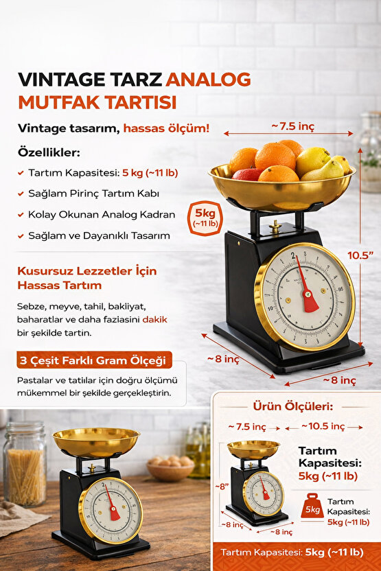 Vintage Tasarım Analog Mutfak Terazisi 5 kg Kapasiteli Pirinç Kaseli Siyah Gold