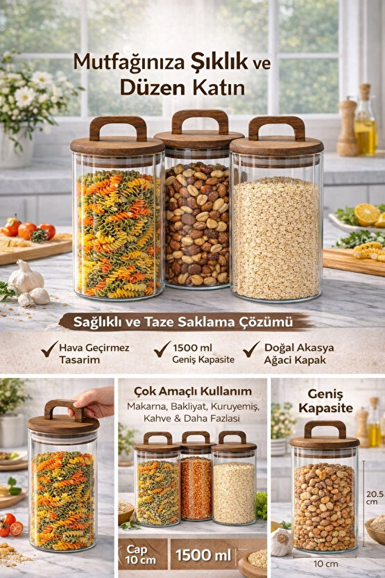 Cam Saklama Kavanozu Seti 3’lü – Akasya Kapaklı, Hava Geçirmez, 1250 ml Büyük Boy