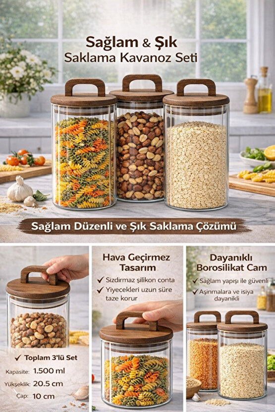 Cam Saklama Kavanozu Seti 3’lü – Akasya Kapaklı, Hava Geçirmez, 1250 ml Büyük Boy