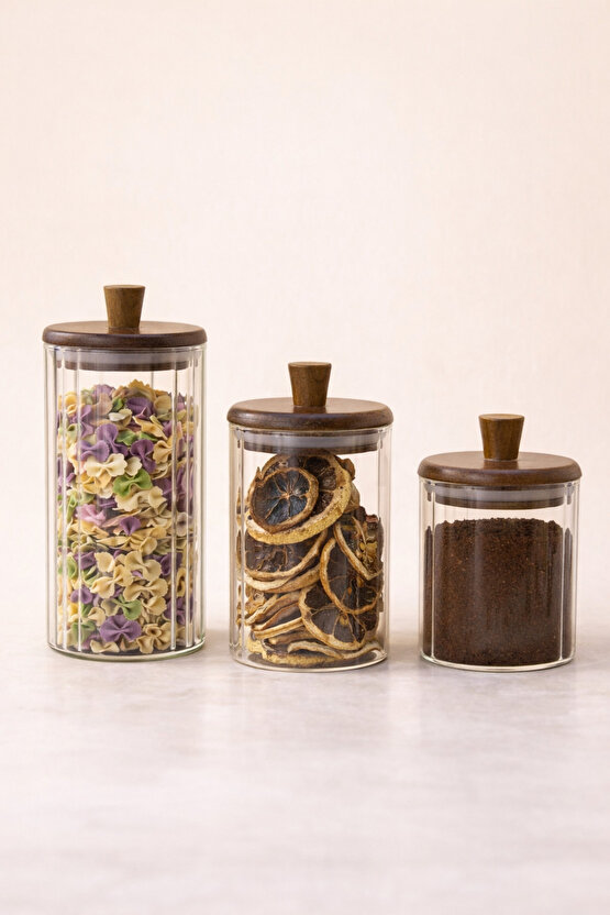 Ahşap Kapaklı 3’lü Cam Kavanoz Seti 420 ml + 330 ml + 250 ml | Baharat Kahve Saklama Kavanozu
