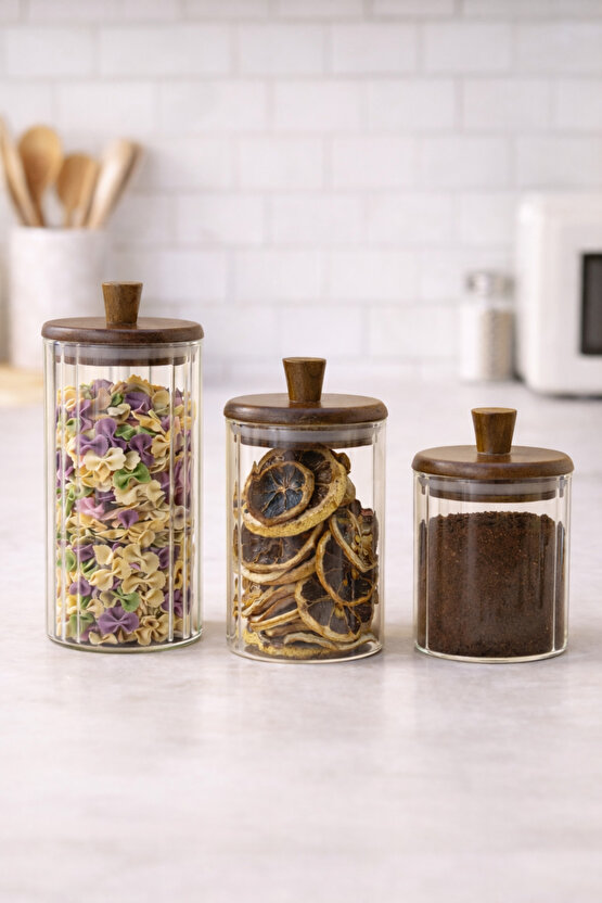 Ahşap Kapaklı 3’lü Cam Kavanoz Seti 420 ml + 330 ml + 250 ml | Baharat Kahve Saklama Kavanozu