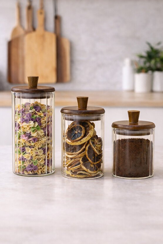 Ahşap Kapaklı 3’lü Cam Kavanoz Seti 420 ml + 330 ml + 250 ml | Baharat Kahve Saklama Kavanozu