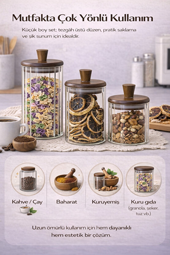 Ahşap Kapaklı 3’lü Cam Kavanoz Seti 420 ml + 330 ml + 250 ml | Baharat Kahve Saklama Kavanozu