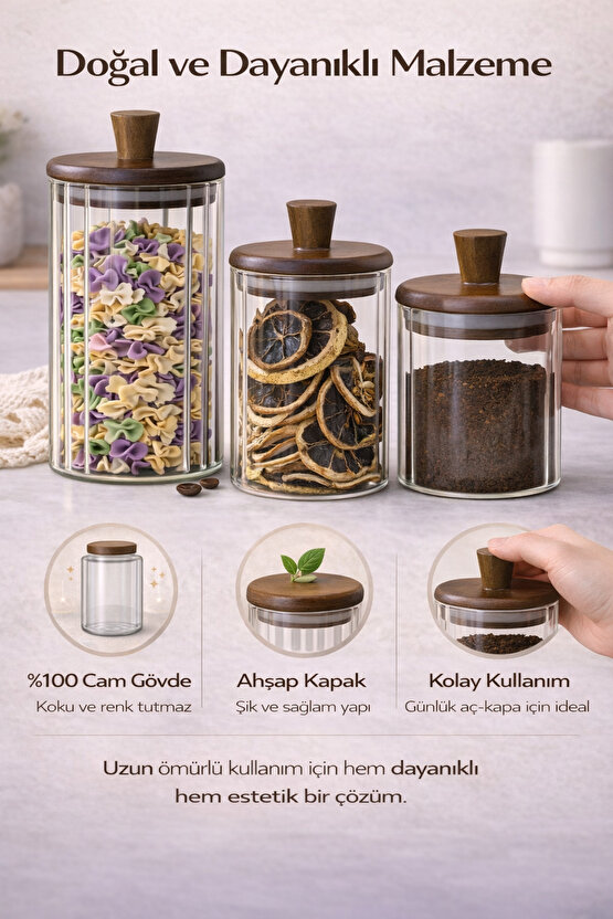 Ahşap Kapaklı 3’lü Cam Kavanoz Seti 420 ml + 330 ml + 250 ml | Baharat Kahve Saklama Kavanozu