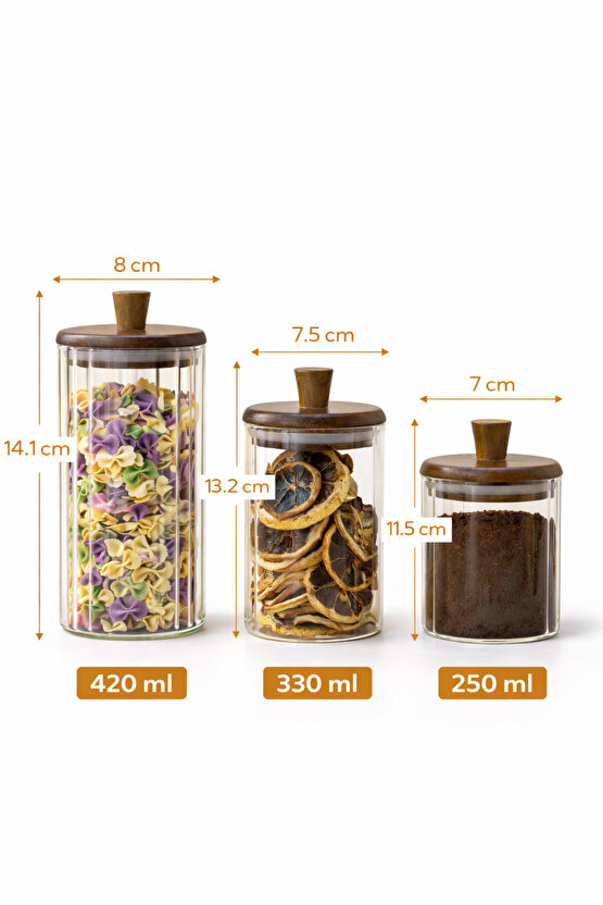 Ahşap Kapaklı 3’lü Cam Kavanoz Seti 420 ml + 330 ml + 250 ml | Baharat Kahve Saklama Kavanozu