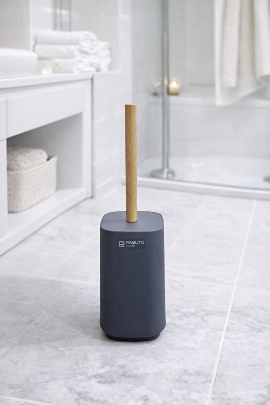 Bambu Detaylı Banyo Seti 6’lı – Mat GriAntrasit Tezgah Üstü Organizer + Pedallı Çöp Kovası