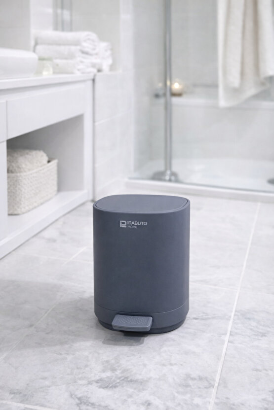 Bambu Detaylı Banyo Seti 6’lı – Mat GriAntrasit Tezgah Üstü Organizer + Pedallı Çöp Kovası