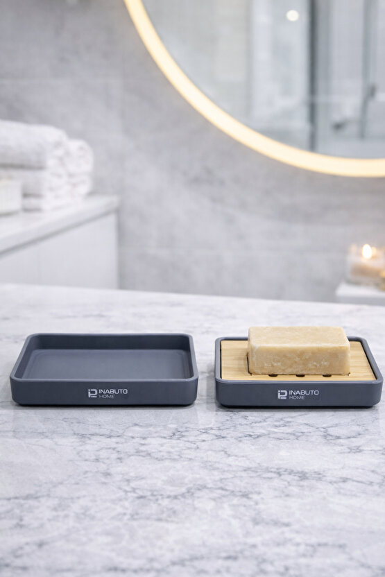 Bambu Detaylı Banyo Seti 6’lı – Mat GriAntrasit Tezgah Üstü Organizer + Pedallı Çöp Kovası