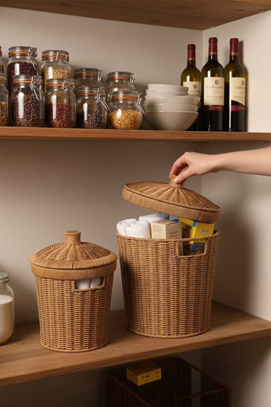Rattan Konik 2li Kapaklı Sepet