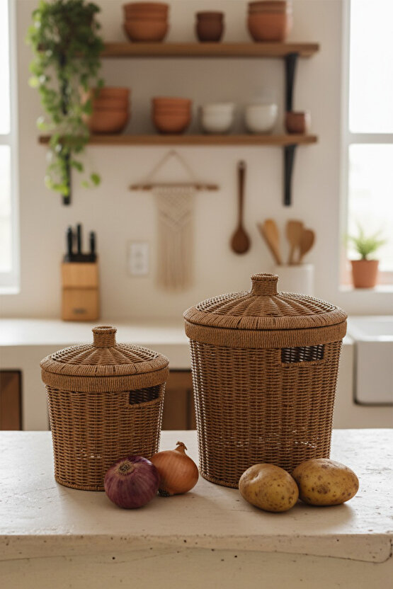 Rattan Konik 2li Kapaklı Sepet