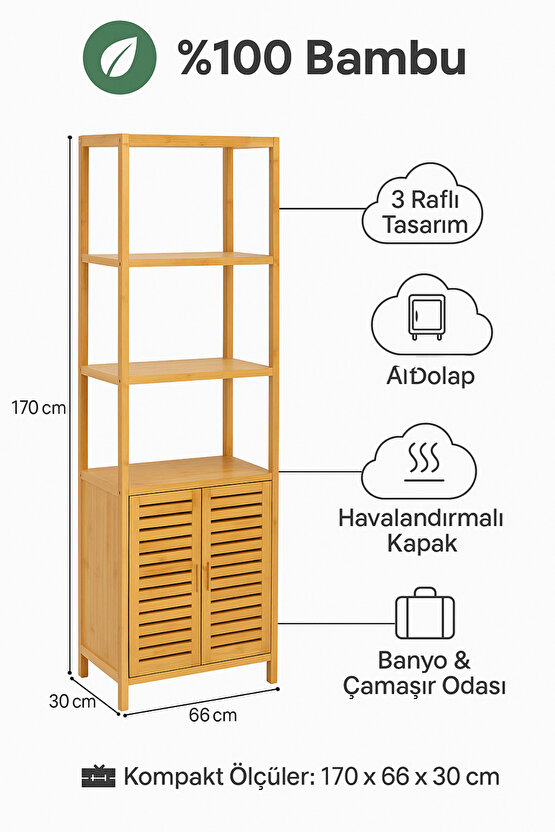 Bambu 3 Raflı Banyo Dolabı & Çok Amaçlı Düzenleyici – 170x66x30 cm, Havalandırmalı Kapaklı Alt Dolap