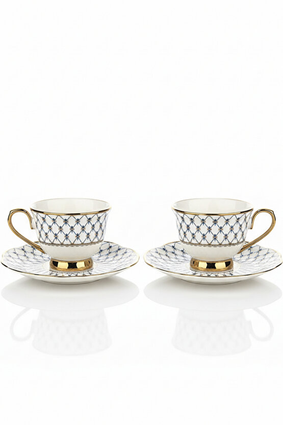 2 Kişilik 4 Parça Porselen Kahve Fincan Seti |Altın Yaldızlı, Şık Desenli, Fincan & Tabak Takımı