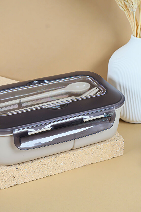 Sızdırmaz Kapaklı Kaşıklı Dikdörtgen Beslenme Kabı - Mikrodalgaya Uygun Öğle Yemeği Kabı