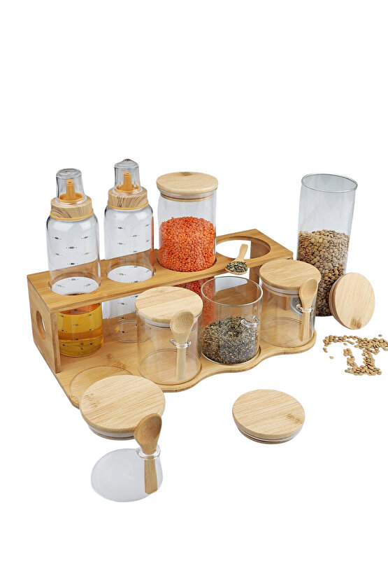 Bambulu Cam Baharatlık & Yağlık Seti – Standlı 8 Parça Düzenleyici