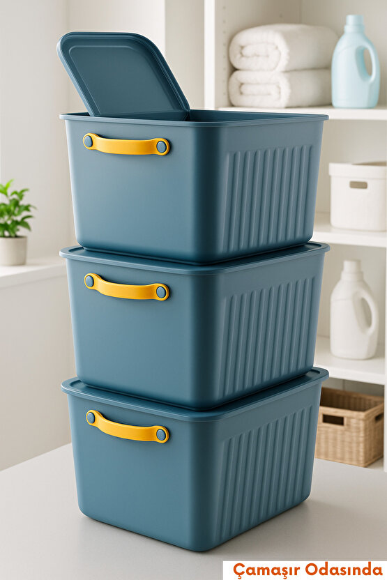 3lü Set Kapaklı ve Saplı Düzenleme Saklama Kutusu – Mavi – Çok Amaçlı Organizer