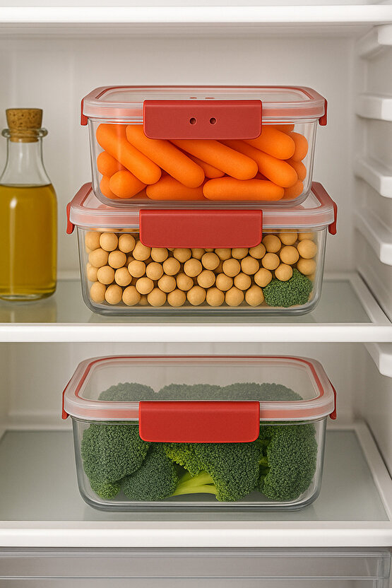 Kırmızı Kapaklı 3lü Dikdörtgen Saklama Kabı Seti Hava Geçirmez, Buzdolabı Uyumlu