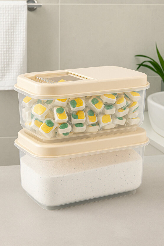 2li Set 7,5 Lt Mega Banyo Düzenleyici Kayar Kapaklı Etiketli Toz Tablet Deterjan Saklama Kutusu