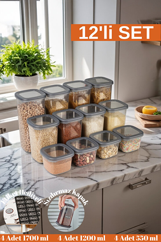 12 Adet 24 Parça 550 ml. 1200 ml. 1750 ml. Sızdırmaz Kapaklı Kare Erzak Bakliyat Saklama Kabı Seti