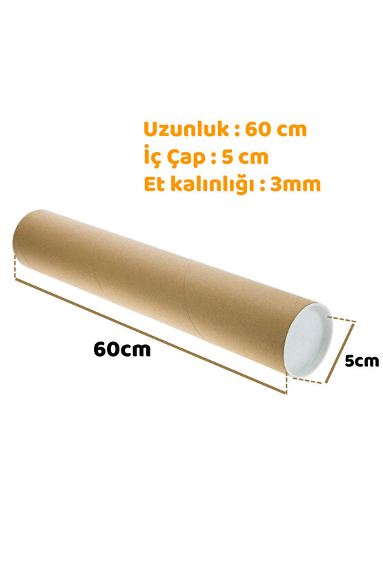 5li Postüp Kapaklı Silindir Kutu Karton Rulo Gönderi Poster Afiş Harita Tüpü 5 Adet 5 Cm X 60 Cm