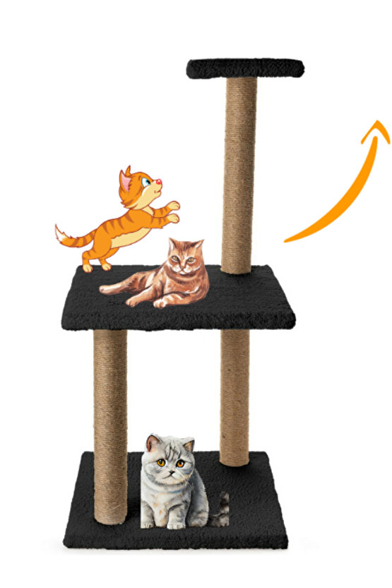 3Lü Kedi Tırmalama Tahtası Peluş Kumaş Demonte 84 cm Yükseklik 3 Adımlı Zıplama Oyunu (Siyah)
