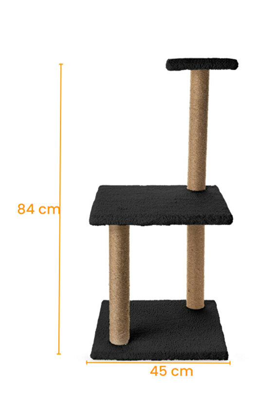 3Lü Kedi Tırmalama Tahtası Peluş Kumaş Demonte 84 cm Yükseklik 3 Adımlı Zıplama Oyunu (Siyah)