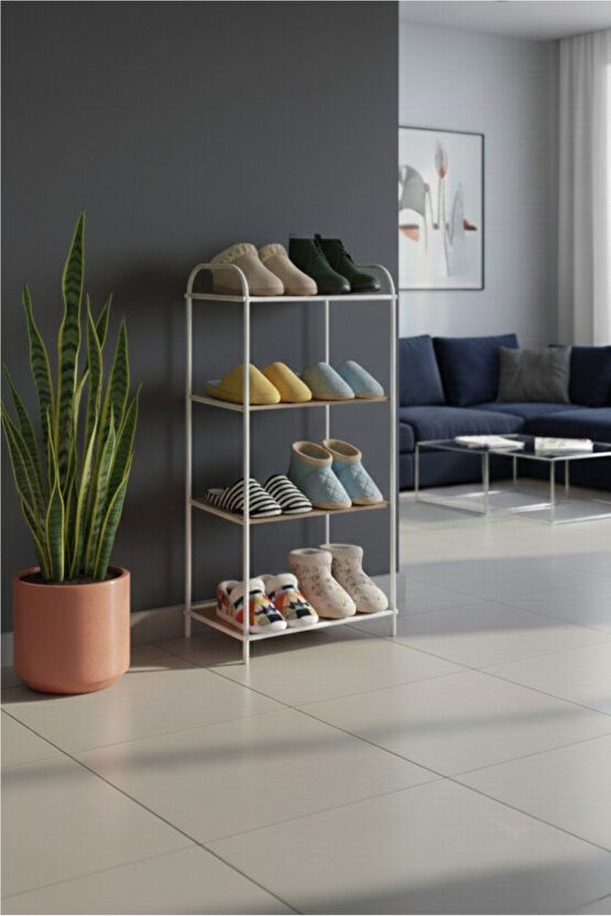 4 Katlı Beyaz Ahşap Ayakkabılık Rafı 4 Bölmeli Ayakkabılık Düzenleyici