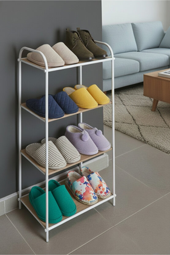 4 Katlı Beyaz Ahşap Ayakkabılık Rafı 4 Bölmeli Ayakkabılık Düzenleyici