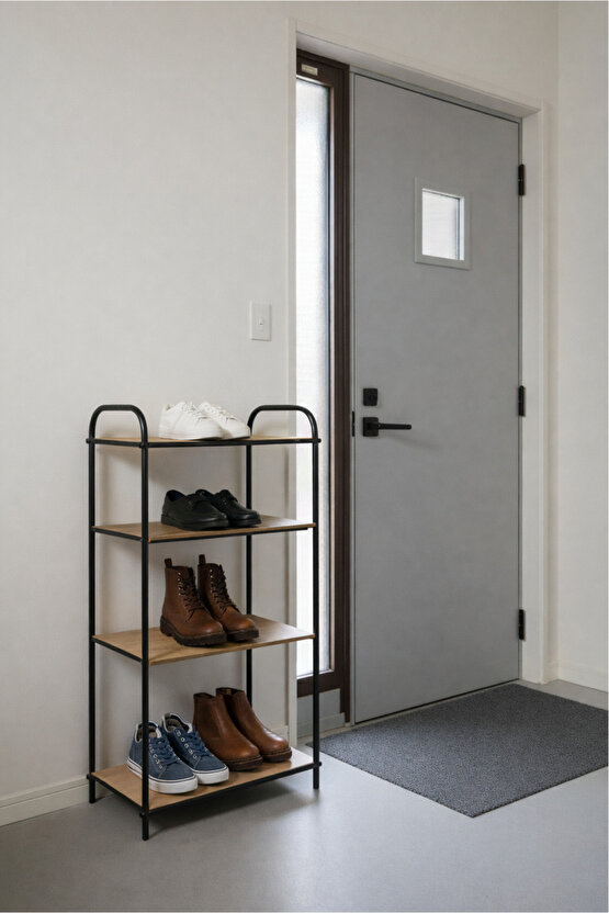 4 Katlı Siyah Ahşap Ayakkabılık Rafı 4 Bölmeli Ayakkabılık Düzenleyici