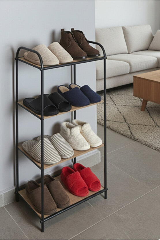 4 Katlı Siyah Ahşap Ayakkabılık Rafı 4 Bölmeli Ayakkabılık Düzenleyici