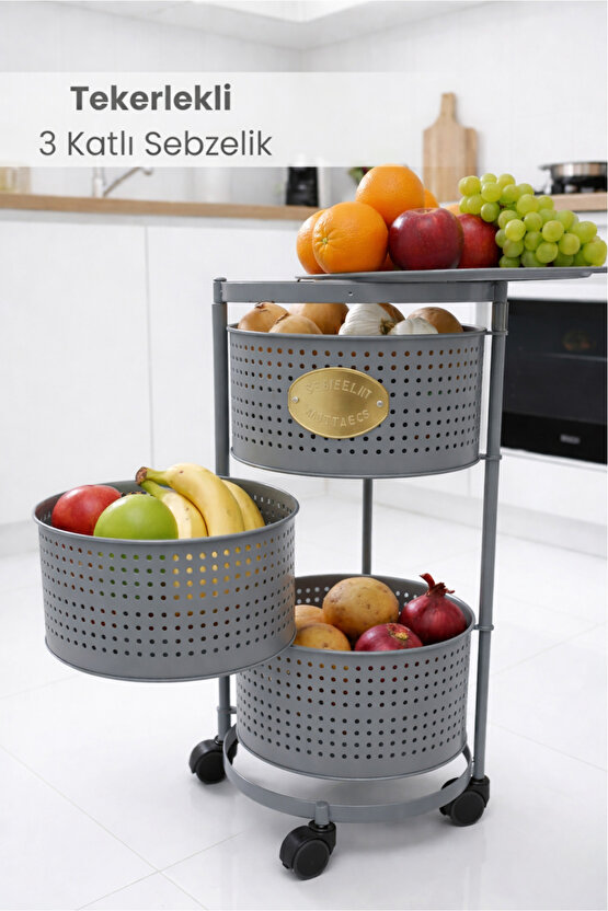 3 Katlı Tekerlekli Tepsili Metal Sebzelik Açılır Patates Soğan Meyvelik Sepeti Raf Antrasit Gri