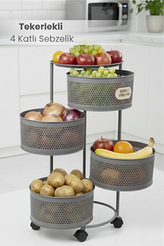 4 Katlı Tekerlekli Tepsili Metal Sebzelik Açılır Patates Soğan Meyvelik Sepeti Raf Antrasit Gri