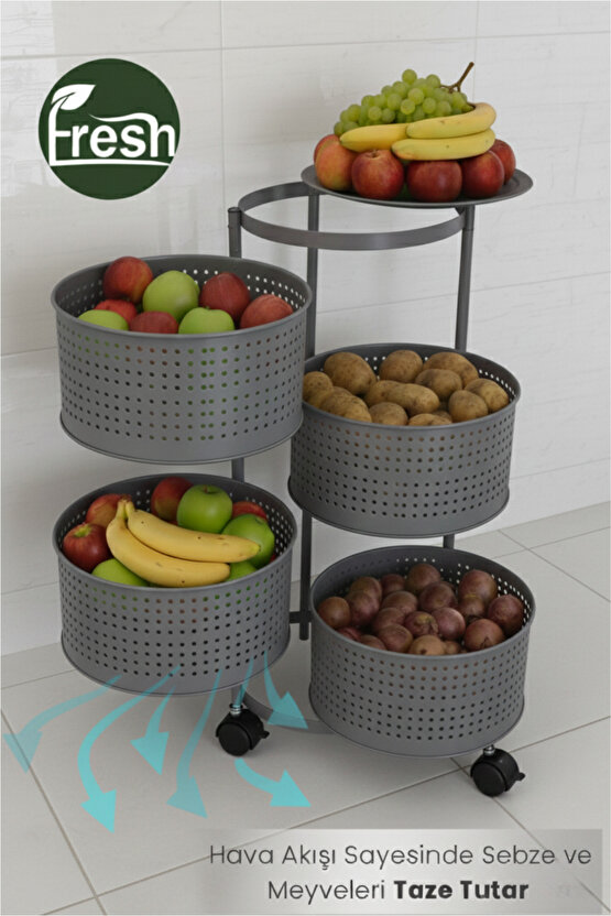 4 Katlı Tekerlekli Tepsili Metal Sebzelik Açılır Patates Soğan Meyvelik Sepeti Raf Antrasit Gri