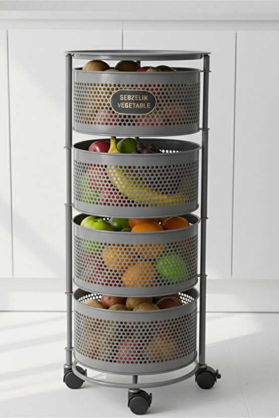 4 Katlı Tekerlekli Tepsili Metal Sebzelik Açılır Patates Soğan Meyvelik Sepeti Raf Antrasit Gri
