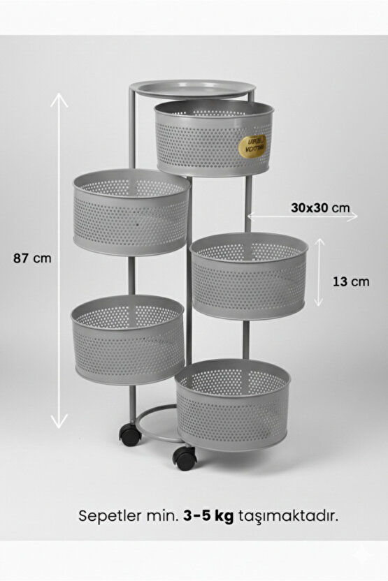 5 Katlı Tekerlekli Tepsili Metal Sebzelik Açılır Patates Soğan Meyvelik Sepeti Raf Antrasit Gri