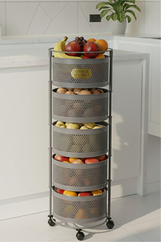5 Katlı Tekerlekli Tepsili Metal Sebzelik Açılır Patates Soğan Meyvelik Sepeti Raf Antrasit Gri