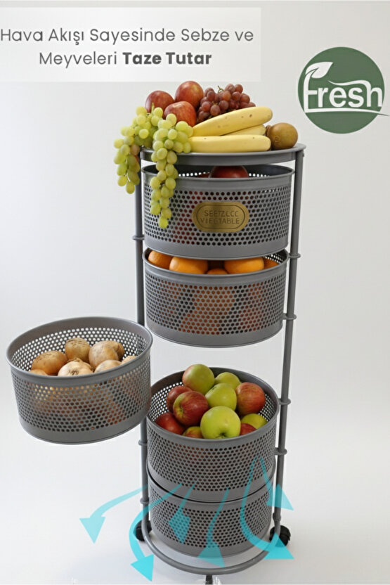 5 Katlı Tekerlekli Tepsili Metal Sebzelik Açılır Patates Soğan Meyvelik Sepeti Raf Antrasit Gri