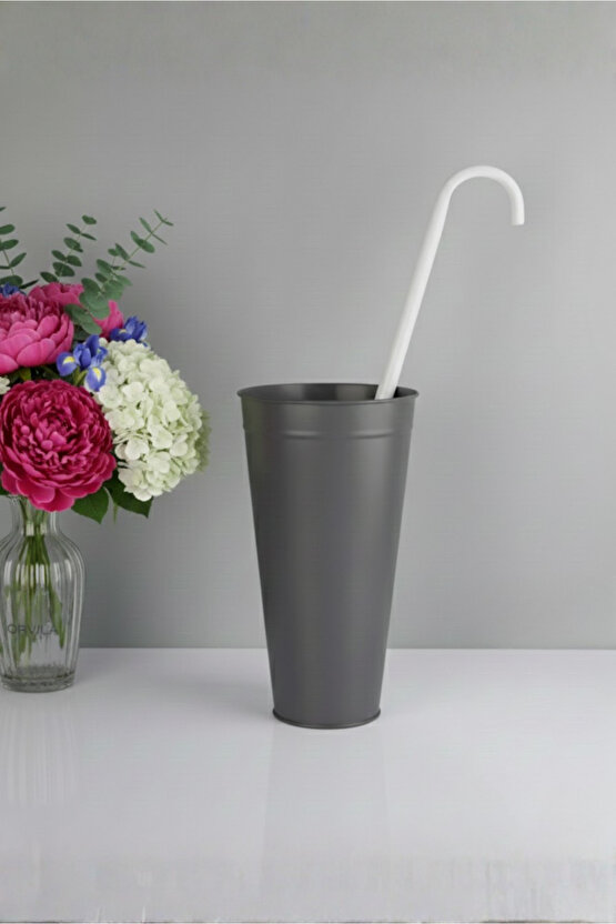 Antrasit Gri Metal Konik Vazo Şemsiyelik Kova Dekoratif Çiçeklik Aranjman Metal Saksı
