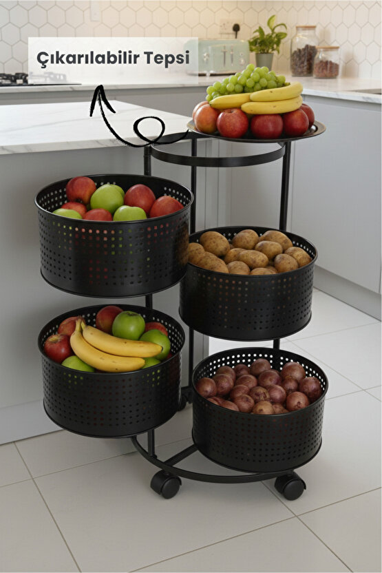 4 Katlı Tekerlekli Tepsili Metal Sebzelik Açılır Patates Soğan Meyvelik Sepeti Raf SİYAH