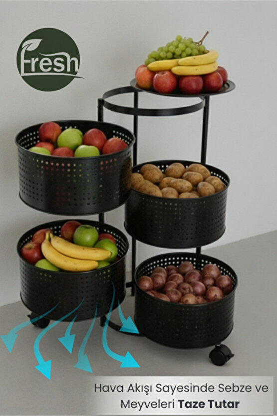 4 Katlı Tekerlekli Tepsili Metal Sebzelik Açılır Patates Soğan Meyvelik Sepeti Raf SİYAH