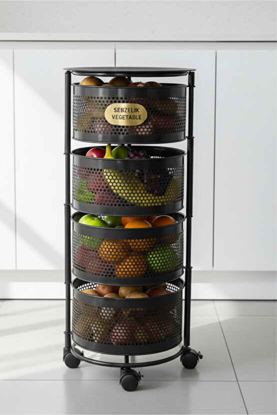 4 Katlı Tekerlekli Tepsili Metal Sebzelik Açılır Patates Soğan Meyvelik Sepeti Raf SİYAH