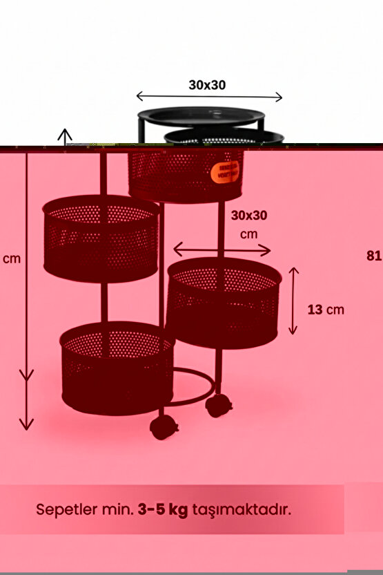 4 Katlı Tekerlekli Tepsili Metal Sebzelik Açılır Patates Soğan Meyvelik Sepeti Raf SİYAH