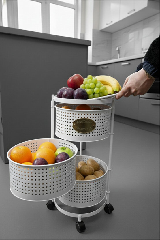 3 Katlı Tekerlekli Tepsili Kule Sebzelik Açılır Metal Patates Soğan Meyvelik Sepetli Raf BEYAZ