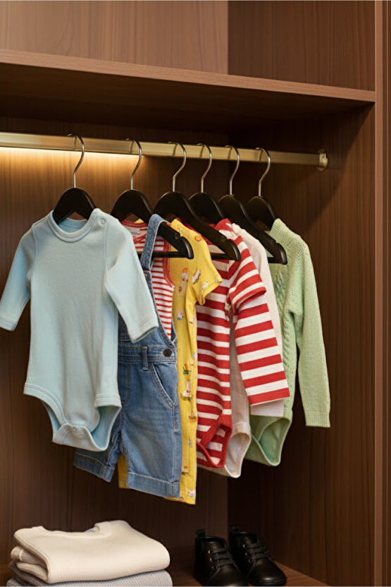 12 Adet - Bebek ve Çocuk Boy Ahşap Görünümlü Plastik A Kalite Elbise Askısı Tshirt Pantolon Askı