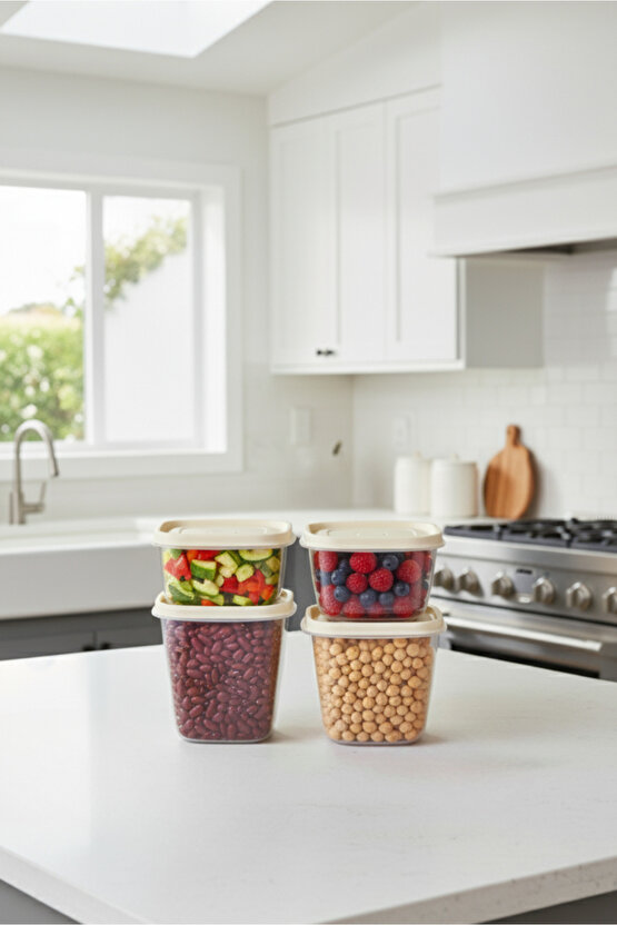 Krem 4lü Vakumlu Sızdırmaz Kapaklı Saklama Kabı Erzak Düzenleyici Set 1L, 1,5L, 2L, 2,5L