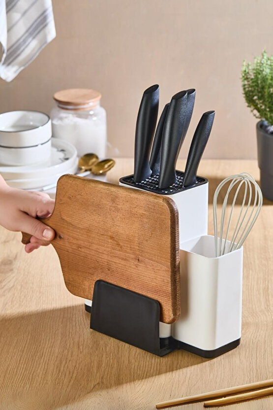 4Ü1 Bıçaklık Kaşıklık Kesme Tahta Standlı Mutfak Tezgah Üstü Dik Düzenleyici