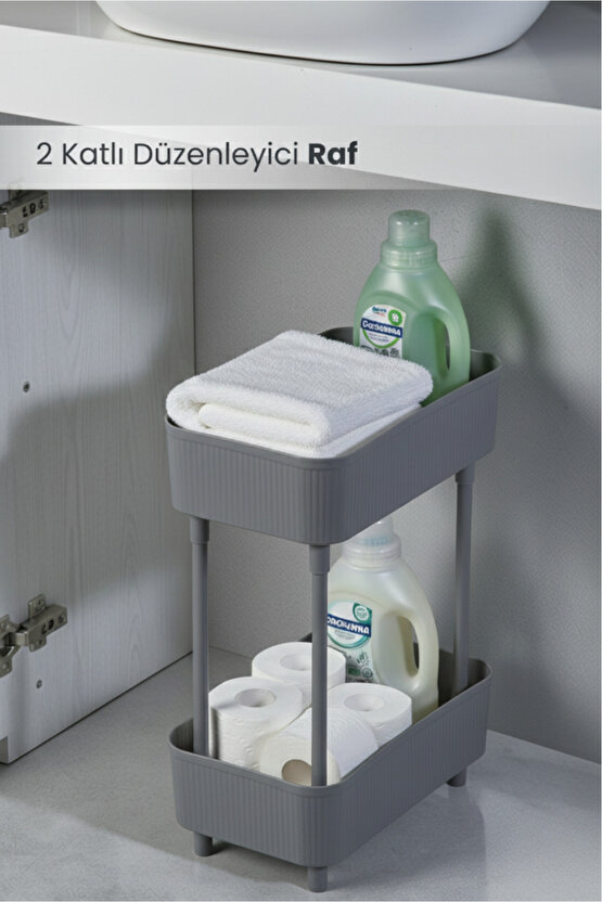 Düzenleyici 2 Katlı Gri Raf -Dolap İçi & Tezgah Üstü Banyo Deterjanlık Mutfak Evye Altı Organizer