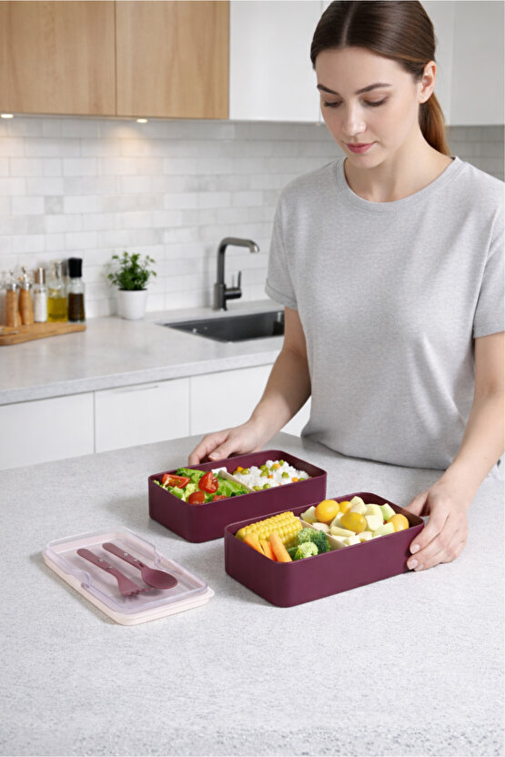 2 Kat Yemek Saklama Kabı Beslenme Kutusu Seti - Sporcu Diyet Öğrenci Fitness Okul Işyeri Sefer Tası